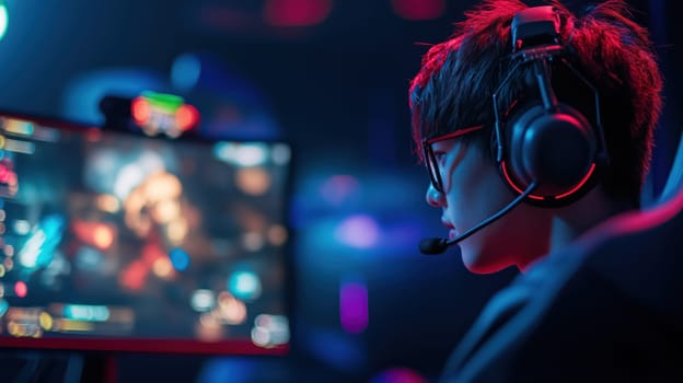 Focused gamer with headset and illuminated screen in neon lighting