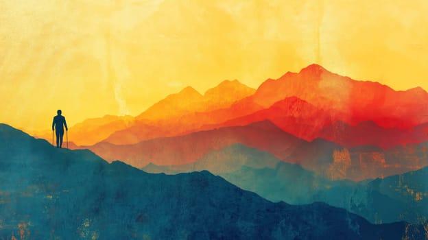 Abstract grunge artwork of a hiker silhouette with colorful mountain layers at sunset