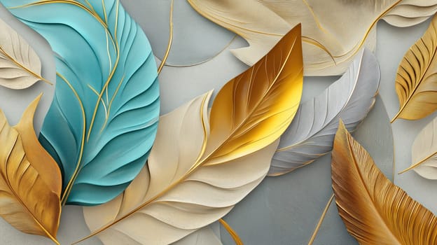 Elegant abstract composition with golden and turquoise leaves on a textured wavy background design