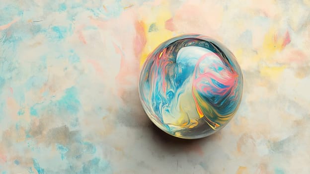 Abstract colorful paint sphere on a light grunge pastel background with vibrant swirling patterns.