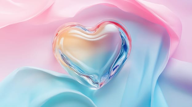 Glass heart on pastel gradient silk fabric background, symbolizing love, romance, and elegance