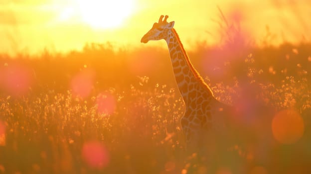 Giraffe standing gracefully in the African savanna at sunset, surrounded by golden light and soft focus