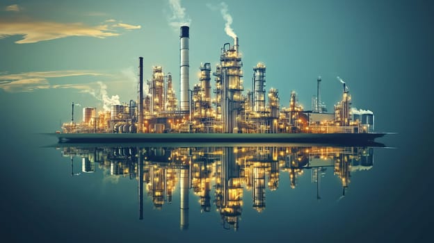 Industrial oil refinery with illuminated structures reflecting in water, showcasing energy production at night