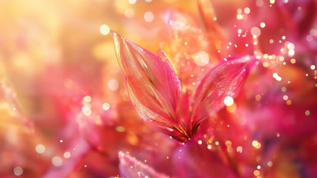 Abstract glowing leaves with sparkling bokeh effect in soft pink and golden hues, perfect for romantic designs