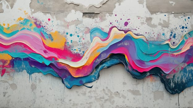 Abstract colorful paint splash waves on a textured wall background, vibrant and artistic mural style