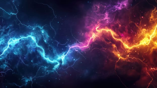 Abstract electric lightning effect in vibrant neon colors on dark cosmic background, symbolizing power and energy