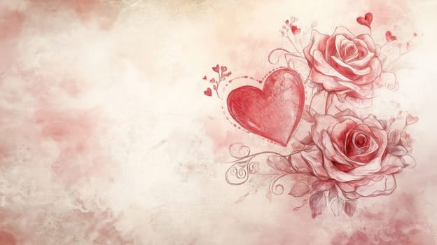Romantic Valentines Day card with hand-drawn roses and heart on a pastel vintage background
