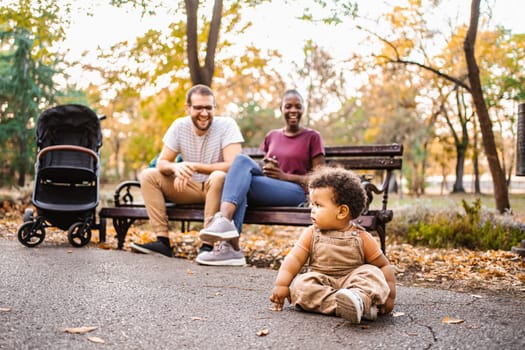 Mixed race couple with their son in park.