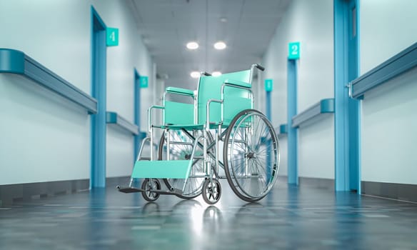 wheelchair stands brightly lit hospital corridor, care and recovery. 3d