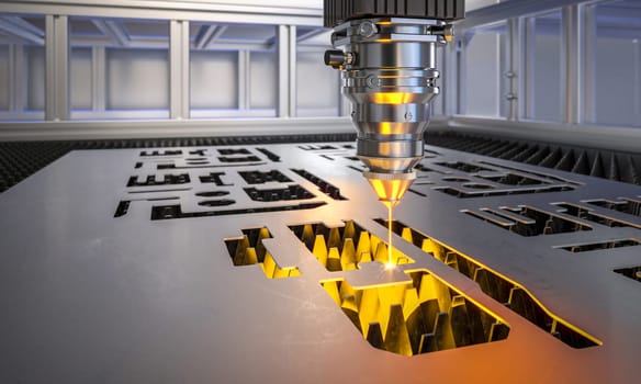 Industrial laser cutter engraving metal sheet in manufacturing plant. 3d