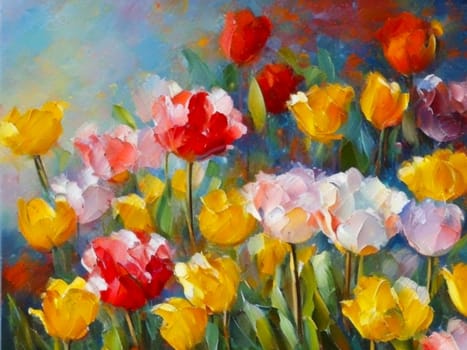 Oil flowers. Beautiful delicate feminine multi-colored spring or summer flowers close-up, generated by AI. Bouquet of flowers. Flowers in a flowerbed. Postcard, congratulations to a woman. Tulips