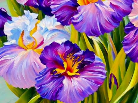 Oil flowers. Beautiful delicate feminine multi-colored spring or summer flowers close-up, generated by AI. Bouquet of flowers. Flowers in a flowerbed. Postcard, congratulations to a woman. Iris flower