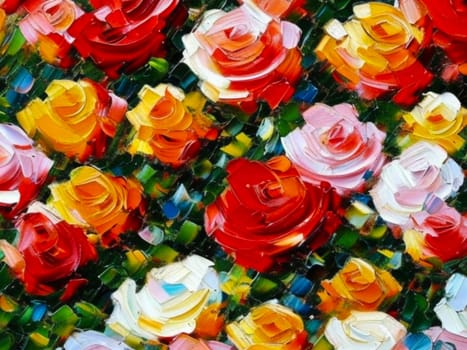 Oil flowers. Beautiful delicate feminine colored spring or summer flowers close-up, generated by AI. Bouquet of flowers. Flowers in a flowerbed. Postcard, congratulations to a woman. Peonies and roses