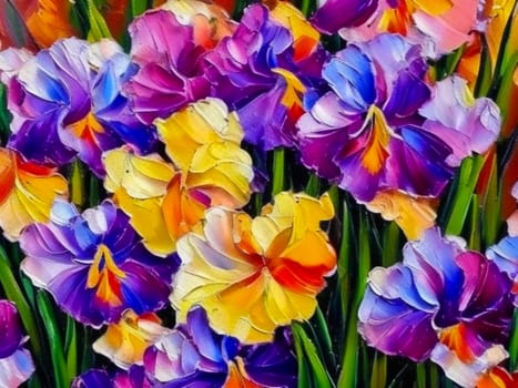 Oil flowers. Beautiful delicate feminine multi-colored spring or summer flowers close-up, generated by AI. Bouquet of flowers. Flowers in a flowerbed. Postcard, congratulations to a woman. Iris flower