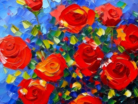 Oil flowers. Beautiful delicate feminine colored spring or summer flowers close-up, generated by AI. Bouquet of flowers. Flowers in a flowerbed. Postcard, congratulations to a woman. Peonies and roses