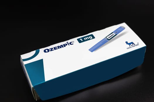 Ozempic Insulin injection pen on a dark background for diabetics and weight loss. Copenhagen, Denmark - January 31, 2025
