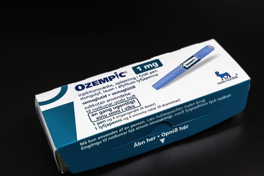 Ozempic Insulin injection pen on a dark background for diabetics and weight loss. Copenhagen, Denmark - January 31, 2025
