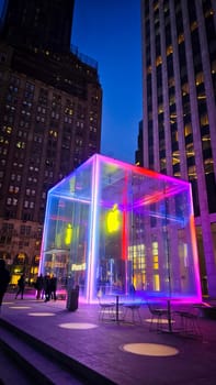 The cube, the infamous brightly illuminated glass structure for underground apple store located at fifth Avenue in New York City a 24 hours apple store in operation, good for multimedia content