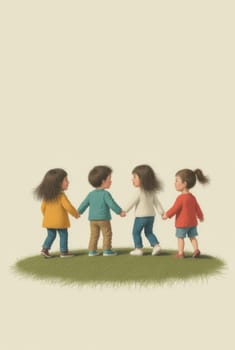 A charming illustration of four children, two boys and two girls, walking hand-in-hand across a verdant patch of grass. Their playful energy is palpable, suggesting a carefree afternoon.