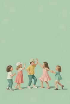 A group of five toddlers and preschoolers engage in playful interaction, their bright clothing and expressions capturing a sense of childhood innocence and fun. The pastel green background enhances their vibrancy.