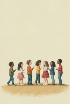 A heartwarming illustration depicting a diverse group of young children, boys and girls of varying ethnicities, standing together in an outdoor setting. They are engaged in a seemingly friendly interaction, suggesting themes of friendship and unity.