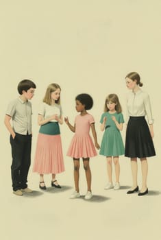 Five children of diverse ethnicities stand in a row, possibly discussing something. Their clothing suggests a casual setting, perhaps a schoolyard or playground.