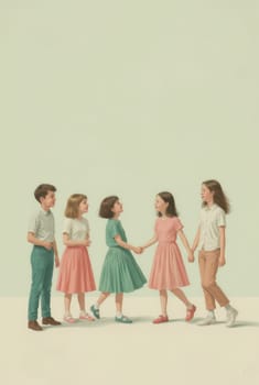 A pastel-toned illustration depicts five children, two boys and three girls, standing together in a line against a muted green backdrop. They are dressed in light-colored attire and seem to be interacting.