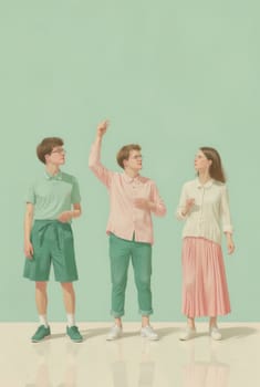 A painted image of three stylish young adults, one male and two females, in pastel-colored outfits against a soft mint green backdrop. They appear to be looking at something above them.