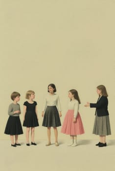 A painting depicts five girls of similar age, each wearing a different dress, standing in a row against a muted background. Their expressions suggest an interaction or shared moment.