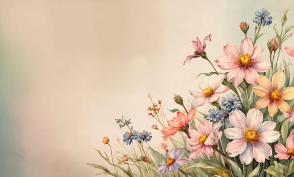Delicate pastel flowers in pink, blue, and white bloom elegantly against a soft, muted background, perfect for decor or artistic inspiration- Generative AI