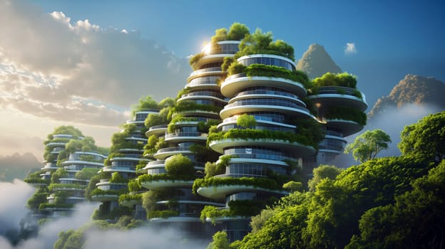 Futuristic buildings harmoniously integrate with nature, featuring terraces adorned with vibrant greenery against a stunning mountainous backdrop - Generative AI