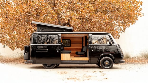 Modern camper van parked in the countryside, offering a luxurious and comfortable way to explore nature. The van features a sleek black exterior, wooden accents, and a spacious interior