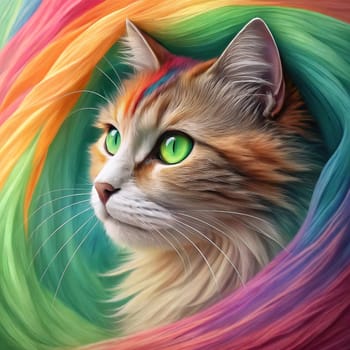 Close-up of a Tabby Cat with Vibrant Green Eyes Against a Colorful Rainbow Fur Background.A high-resolution close-up of a tabby cat with striking green eyes, gazing into the distance. The background features a vivid, multicolored fur texture in a rainbow gradient, creating a surreal and artistic effect. The cat's detailed whiskers, soft fur, and intense gaze make this image perfect for creative and conceptual uses in design, advertising, and social media.