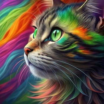 Close-up of a Tabby Cat with Vibrant Green Eyes Against a Colorful Rainbow Fur Background.A high-resolution close-up of a tabby cat with striking green eyes, gazing into the distance. The background features a vivid, multicolored fur texture in a rainbow gradient, creating a surreal and artistic effect. The cat's detailed whiskers, soft fur, and intense gaze make this image perfect for creative and conceptual uses in design, advertising, and social media.