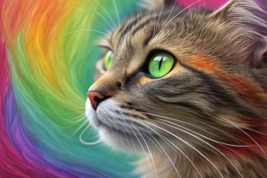 Close-up of a Tabby Cat with Vibrant Green Eyes Against a Colorful Rainbow Fur Background.A high-resolution close-up of a tabby cat with striking green eyes, gazing into the distance. The background features a vivid, multicolored fur texture in a rainbow gradient, creating a surreal and artistic effect. The cat's detailed whiskers, soft fur, and intense gaze make this image perfect for creative and conceptual uses in design, advertising, and social media.