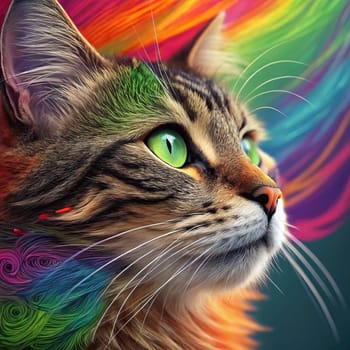 Close-up of a Tabby Cat with Vibrant Green Eyes Against a Colorful Rainbow Fur Background.A high-resolution close-up of a tabby cat with striking green eyes, gazing into the distance. The background features a vivid, multicolored fur texture in a rainbow gradient, creating a surreal and artistic effect. The cat's detailed whiskers, soft fur, and intense gaze make this image perfect for creative and conceptual uses in design, advertising, and social media.