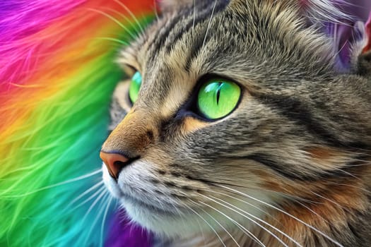 Close-up of a Tabby Cat with Vibrant Green Eyes Against a Colorful Rainbow Fur Background.A high-resolution close-up of a tabby cat with striking green eyes, gazing into the distance. The background features a vivid, multicolored fur texture in a rainbow gradient, creating a surreal and artistic effect. The cat's detailed whiskers, soft fur, and intense gaze make this image perfect for creative and conceptual uses in design, advertising, and social media.