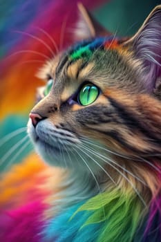 Close-up of a Tabby Cat with Vibrant Green Eyes Against a Colorful Rainbow Fur Background.A high-resolution close-up of a tabby cat with striking green eyes, gazing into the distance. The background features a vivid, multicolored fur texture in a rainbow gradient, creating a surreal and artistic effect. The cat's detailed whiskers, soft fur, and intense gaze make this image perfect for creative and conceptual uses in design, advertising, and social media.