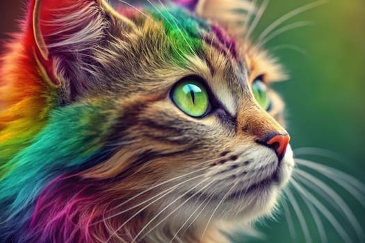 Close-up of a Tabby Cat with Vibrant Green Eyes Against a Colorful Rainbow Fur Background.A high-resolution close-up of a tabby cat with striking green eyes, gazing into the distance. The background features a vivid, multicolored fur texture in a rainbow gradient, creating a surreal and artistic effect. The cat's detailed whiskers, soft fur, and intense gaze make this image perfect for creative and conceptual uses in design, advertising, and social media.