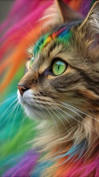 Close-up of a Tabby Cat with Vibrant Green Eyes Against a Colorful Rainbow Fur Background.A high-resolution close-up of a tabby cat with striking green eyes, gazing into the distance. The background features a vivid, multicolored fur texture in a rainbow gradient, creating a surreal and artistic effect. The cat's detailed whiskers, soft fur, and intense gaze make this image perfect for creative and conceptual uses in design, advertising, and social media.