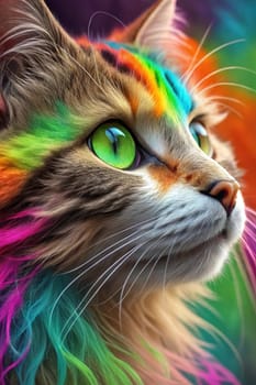 Close-up of a Tabby Cat with Vibrant Green Eyes Against a Colorful Rainbow Fur Background.A high-resolution close-up of a tabby cat with striking green eyes, gazing into the distance. The background features a vivid, multicolored fur texture in a rainbow gradient, creating a surreal and artistic effect. The cat's detailed whiskers, soft fur, and intense gaze make this image perfect for creative and conceptual uses in design, advertising, and social media.