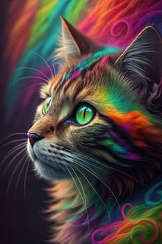 Close-up of a Tabby Cat with Vibrant Green Eyes Against a Colorful Rainbow Fur Background.A high-resolution close-up of a tabby cat with striking green eyes, gazing into the distance. The background features a vivid, multicolored fur texture in a rainbow gradient, creating a surreal and artistic effect. The cat's detailed whiskers, soft fur, and intense gaze make this image perfect for creative and conceptual uses in design, advertising, and social media.