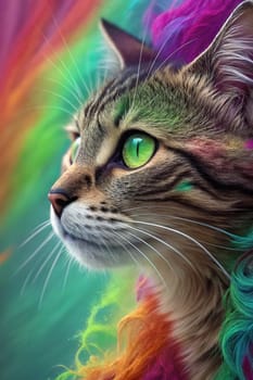 Close-up of a Tabby Cat with Vibrant Green Eyes Against a Colorful Rainbow Fur Background.A high-resolution close-up of a tabby cat with striking green eyes, gazing into the distance. The background features a vivid, multicolored fur texture in a rainbow gradient, creating a surreal and artistic effect. The cat's detailed whiskers, soft fur, and intense gaze make this image perfect for creative and conceptual uses in design, advertising, and social media.