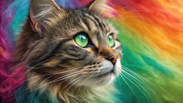 Close-up of a Tabby Cat with Vibrant Green Eyes Against a Colorful Rainbow Fur Background.A high-resolution close-up of a tabby cat with striking green eyes, gazing into the distance. The background features a vivid, multicolored fur texture in a rainbow gradient, creating a surreal and artistic effect. The cat's detailed whiskers, soft fur, and intense gaze make this image perfect for creative and conceptual uses in design, advertising, and social media.