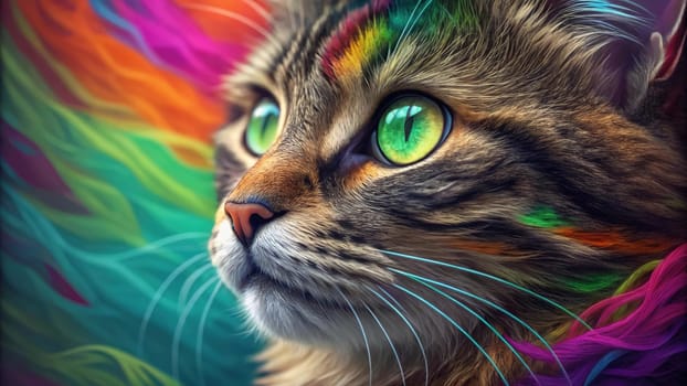 Close-up of a Tabby Cat with Vibrant Green Eyes Against a Colorful Rainbow Fur Background.A high-resolution close-up of a tabby cat with striking green eyes, gazing into the distance. The background features a vivid, multicolored fur texture in a rainbow gradient, creating a surreal and artistic effect. The cat's detailed whiskers, soft fur, and intense gaze make this image perfect for creative and conceptual uses in design, advertising, and social media.