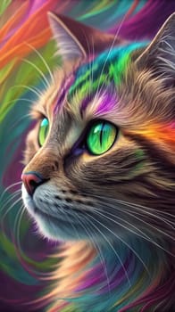 Close-up of a Tabby Cat with Vibrant Green Eyes Against a Colorful Rainbow Fur Background.A high-resolution close-up of a tabby cat with striking green eyes, gazing into the distance. The background features a vivid, multicolored fur texture in a rainbow gradient, creating a surreal and artistic effect. The cat's detailed whiskers, soft fur, and intense gaze make this image perfect for creative and conceptual uses in design, advertising, and social media.