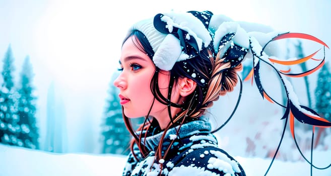 A winter fantasy depicting a woman with shiny snowy hair and crystal jewelry, recreating the magic of a winter forest. Generative AI