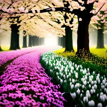 spring march flowers nature trees forest beauty white tulips violet purple fantasy landscape art background . High quality photo frame illustration alt square format poster image