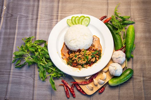 Stir fried basil with pork, Thai food, Thai street food, original Thai food.