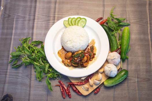 Stir-fried basil, fish balls, Thai food, Thai street food, original Thai food